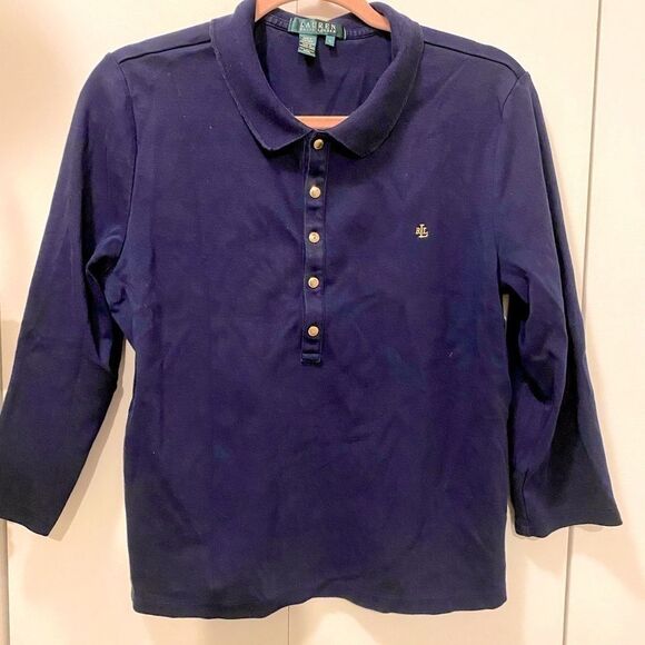 🌷lauren by Ralph Lauren🌷 Navy Blue Long Sleeve Polo Shirt   - Picture 4 of 6